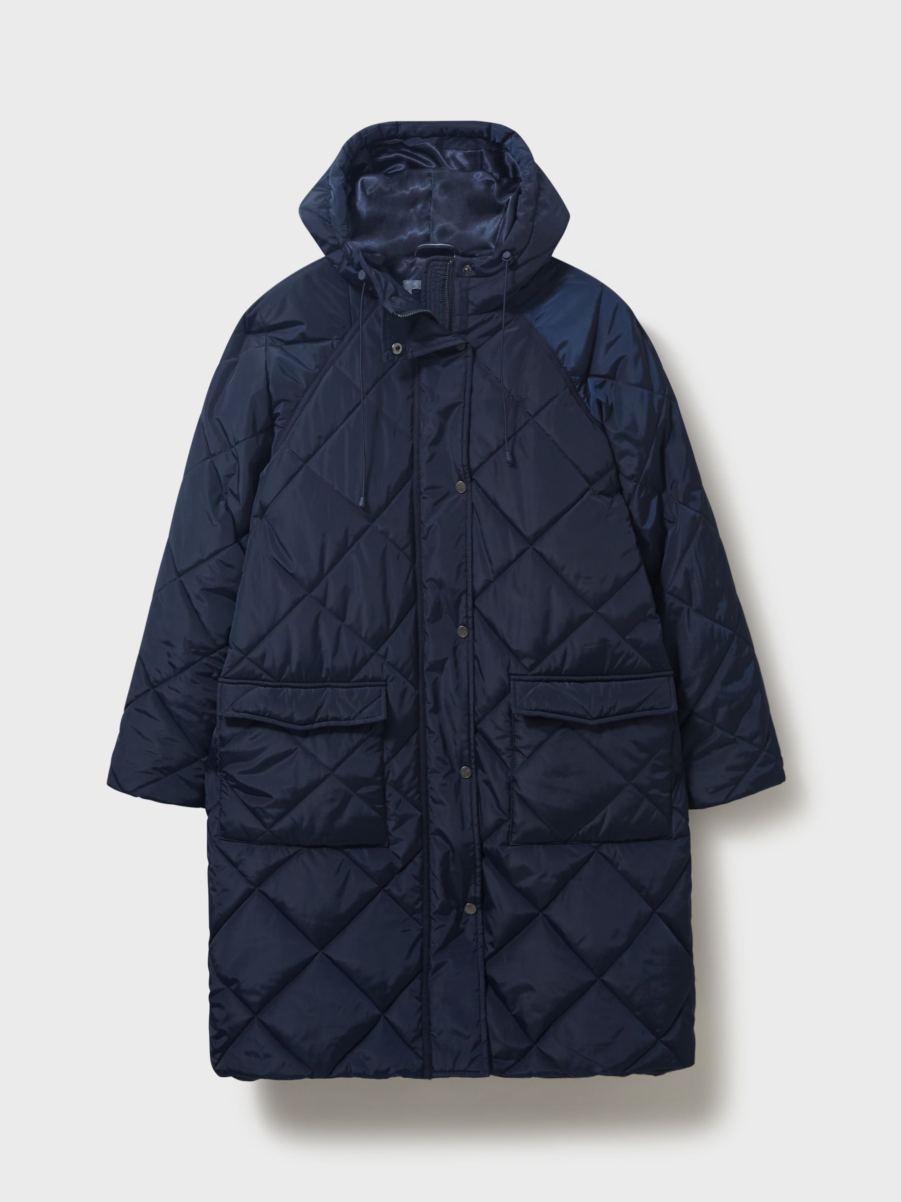 Crew Clothing Zoe Diamond Longline Quilted Coat, Navy Blue at John ...