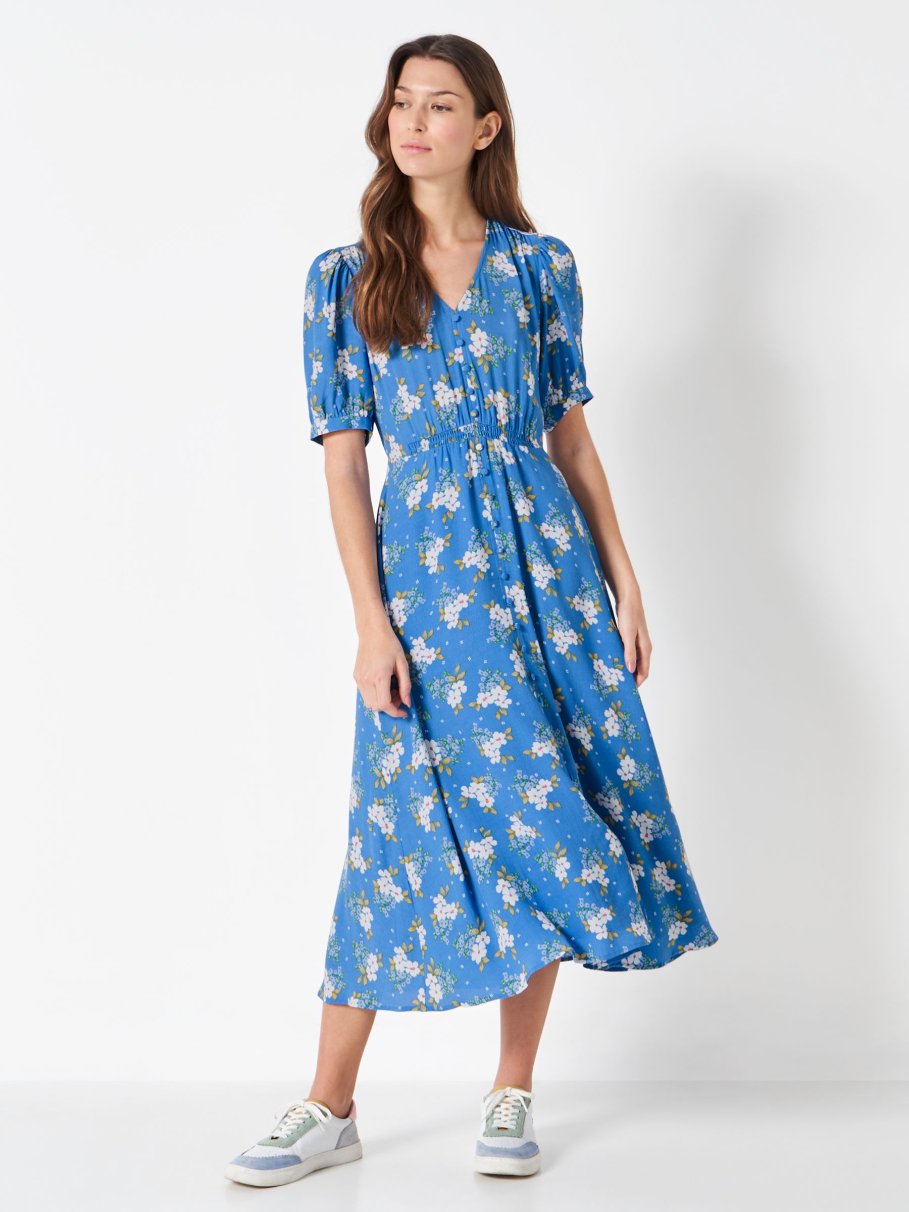 Crew Clothing Floral Print Lola Dress, Bright Blue at John Lewis & Partners