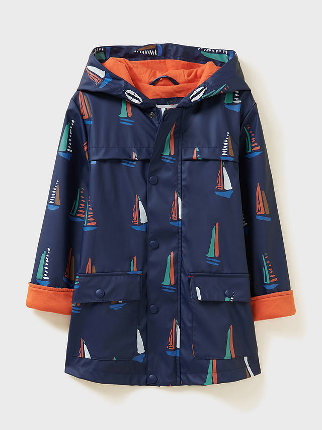 Crew Clothing Kids' Sailboat Print Rubberised Rain Mac, Blue
