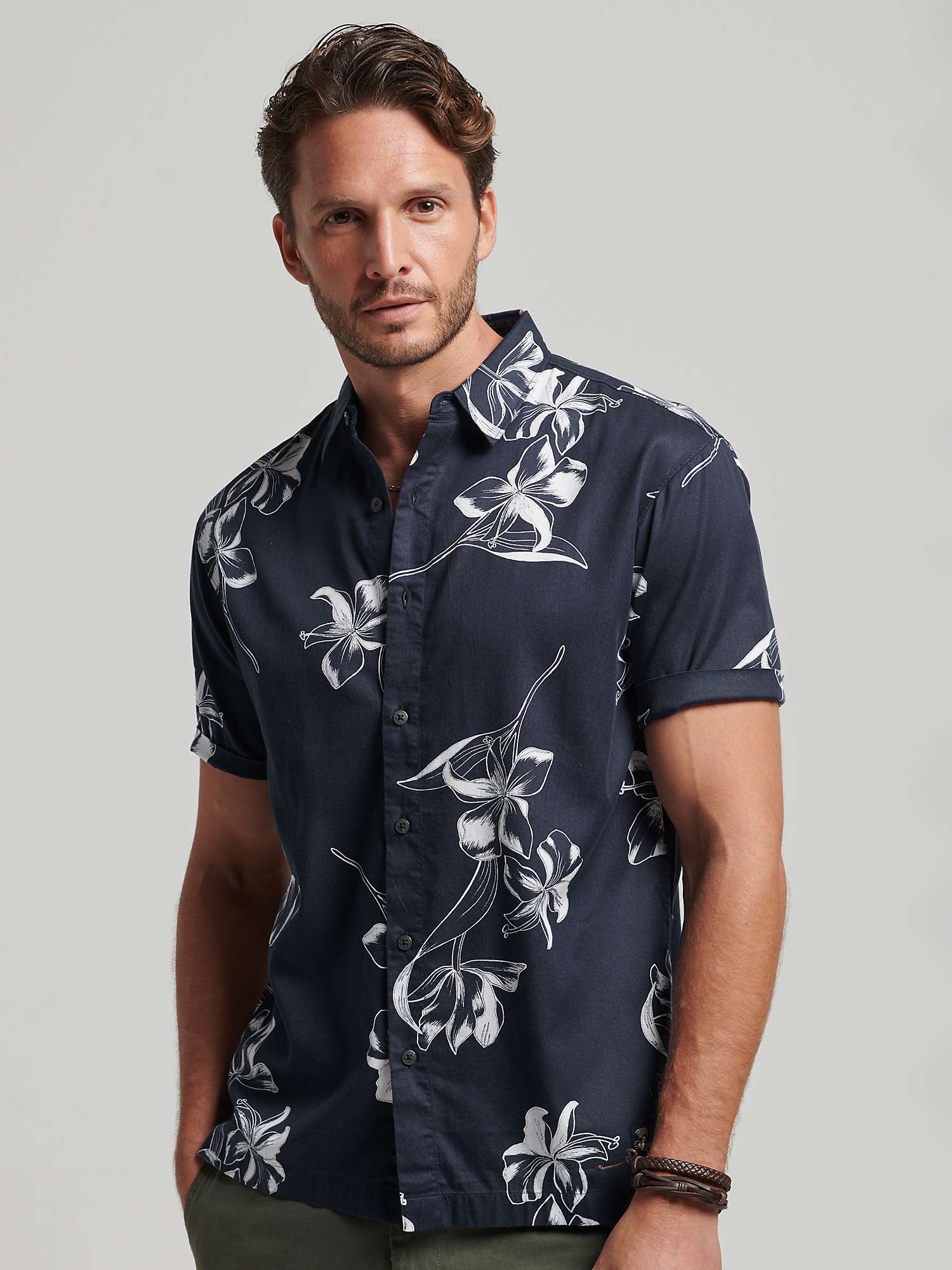 Superdry Short Sleeve Hawaiian Shirt, Mono Hibiscus Navy at John Lewis ...