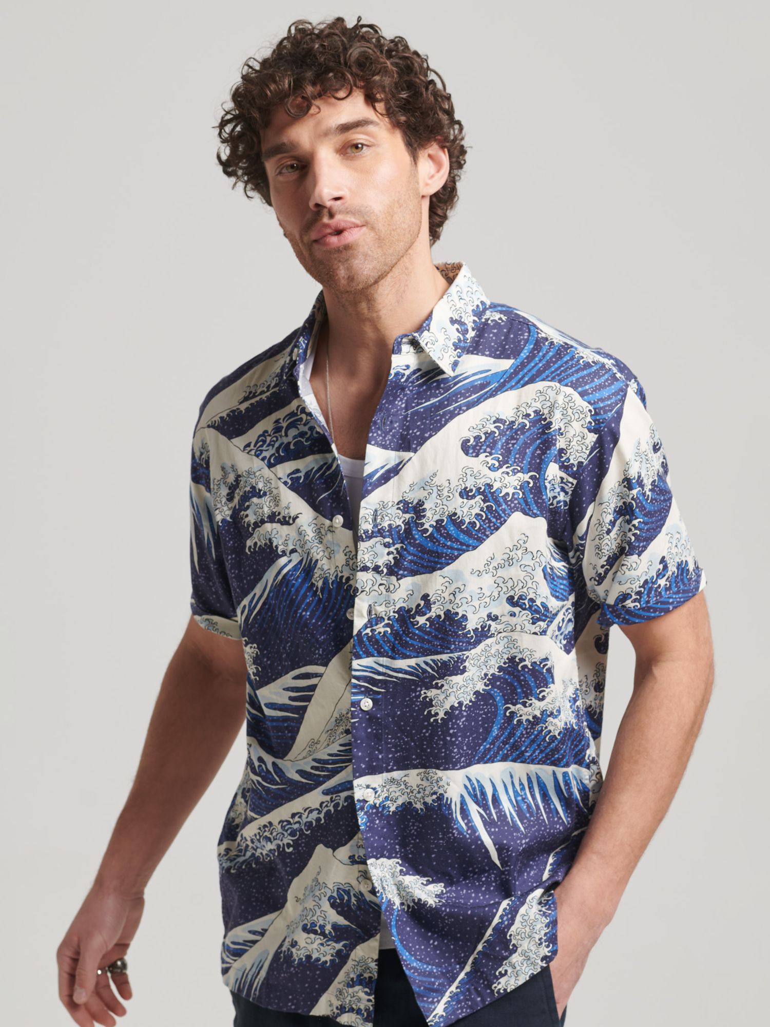 Superdry Short Sleeve Hawaiian Shirt, The Great Wave John Lewis Partners