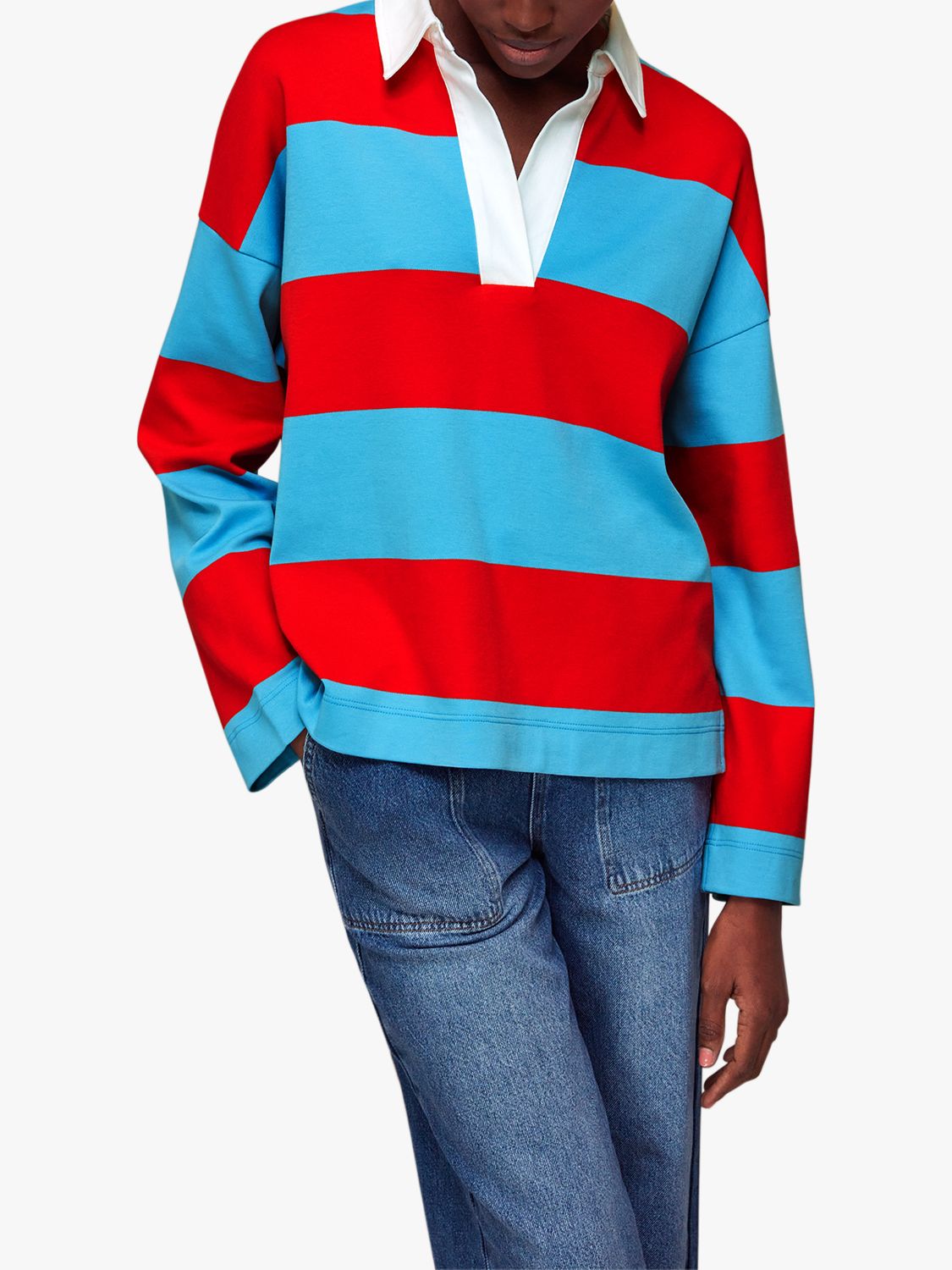 Whistles Cotton Stripe Rugby Shirt, Red/Multi