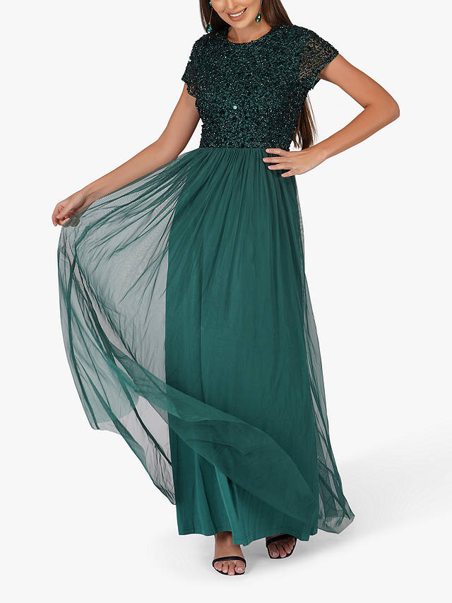 Lace & Beads Picasso Embellished Bodice Maxi Dress, Emerald Green 