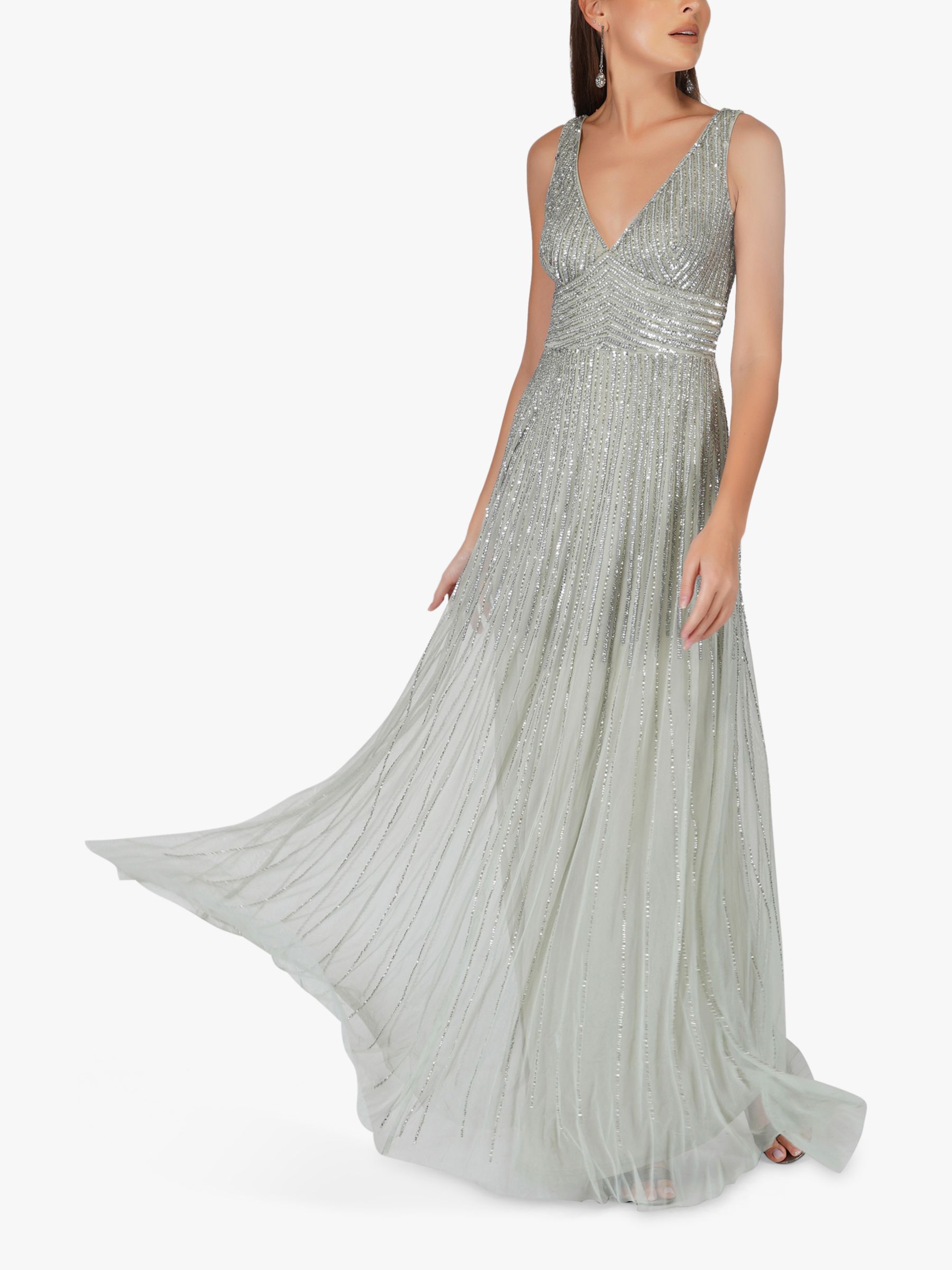 Lace & Beads Lorelai Embellished Maxi Dress, Sage Grey, 6