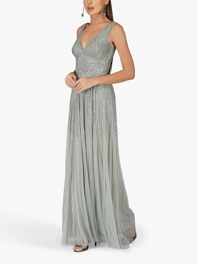 Lace & Beads Lorelai Embellished Maxi Dress, Sage Grey