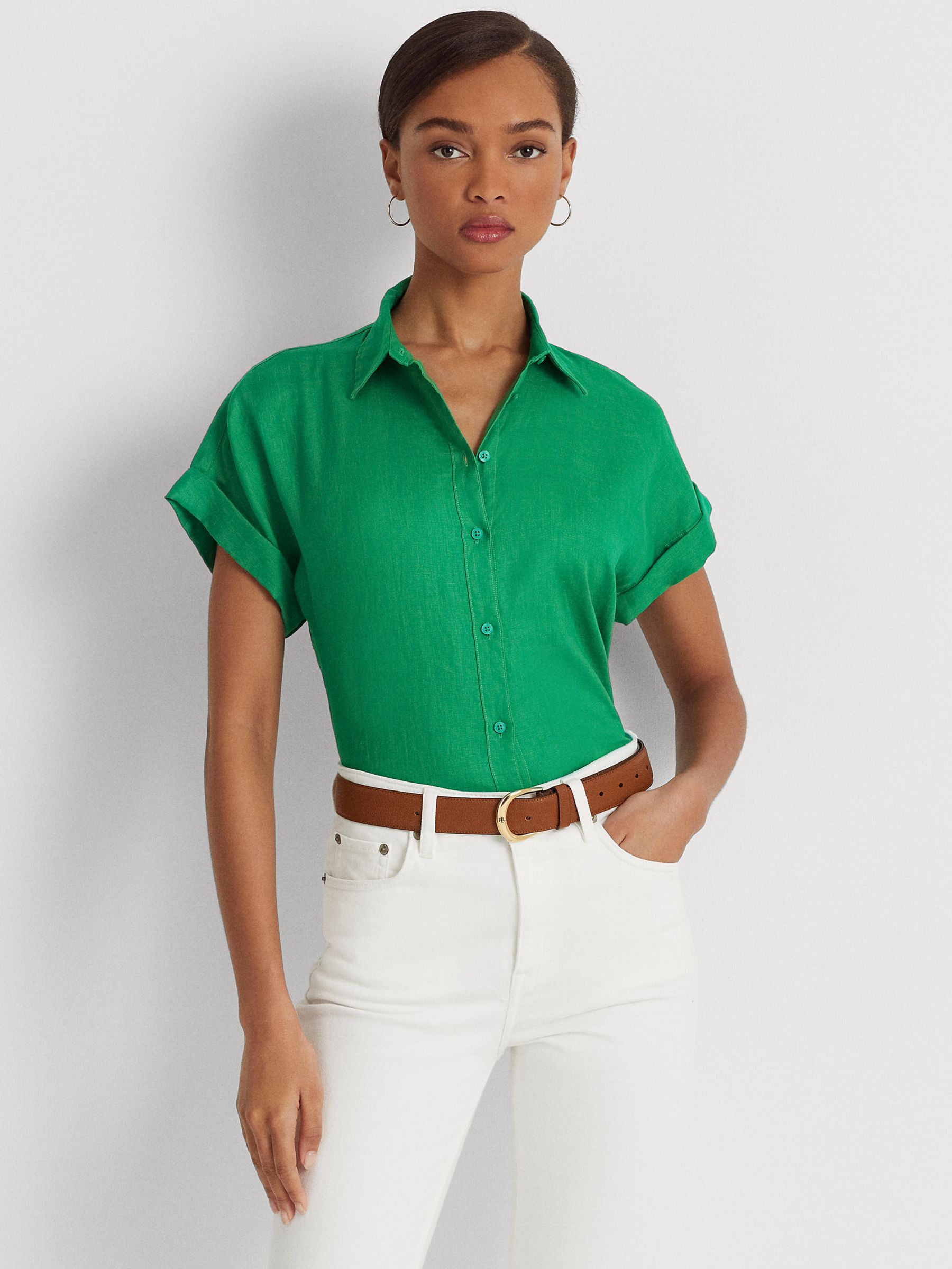 Lauren Ralph Lauren Broono Plain Short Sleeve Cotton Shirt, Palm Leaf