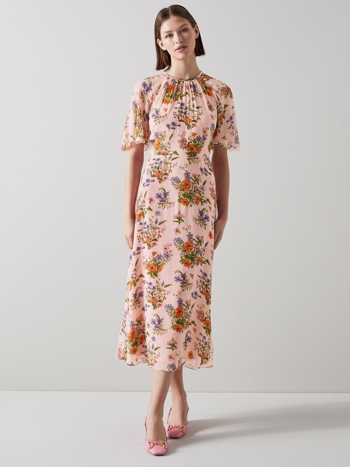 L.K.Bennett Elowen Floral Midi Dress, Pink/Multi