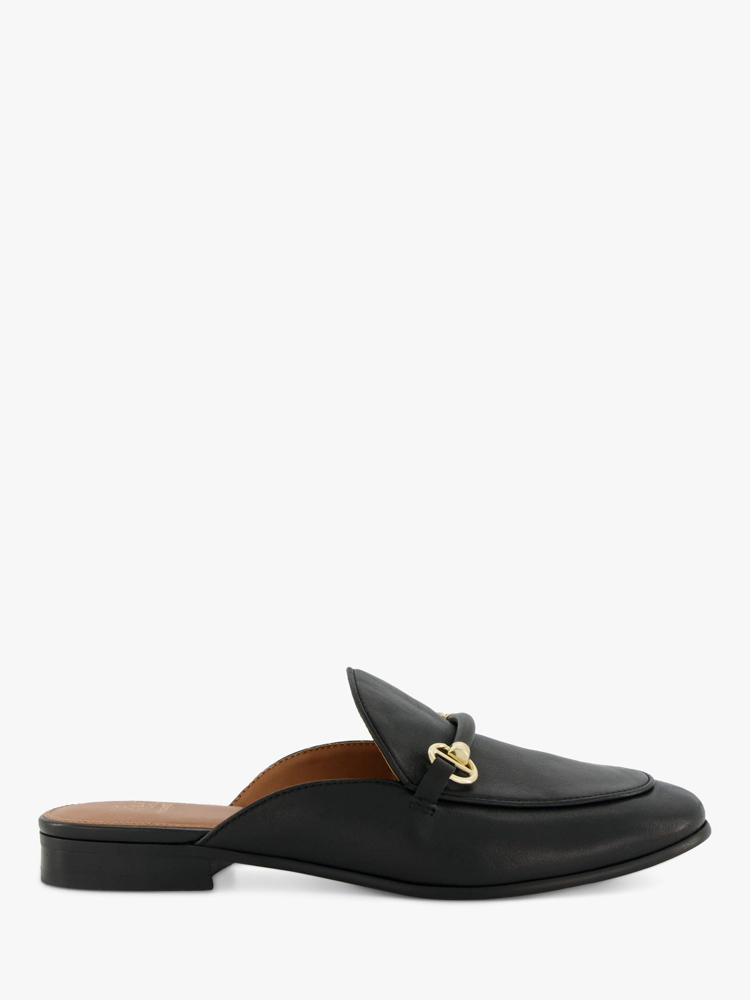 Dune Glowed Leather Snaffle Trim Backless Loafers, Black at John Lewis ...