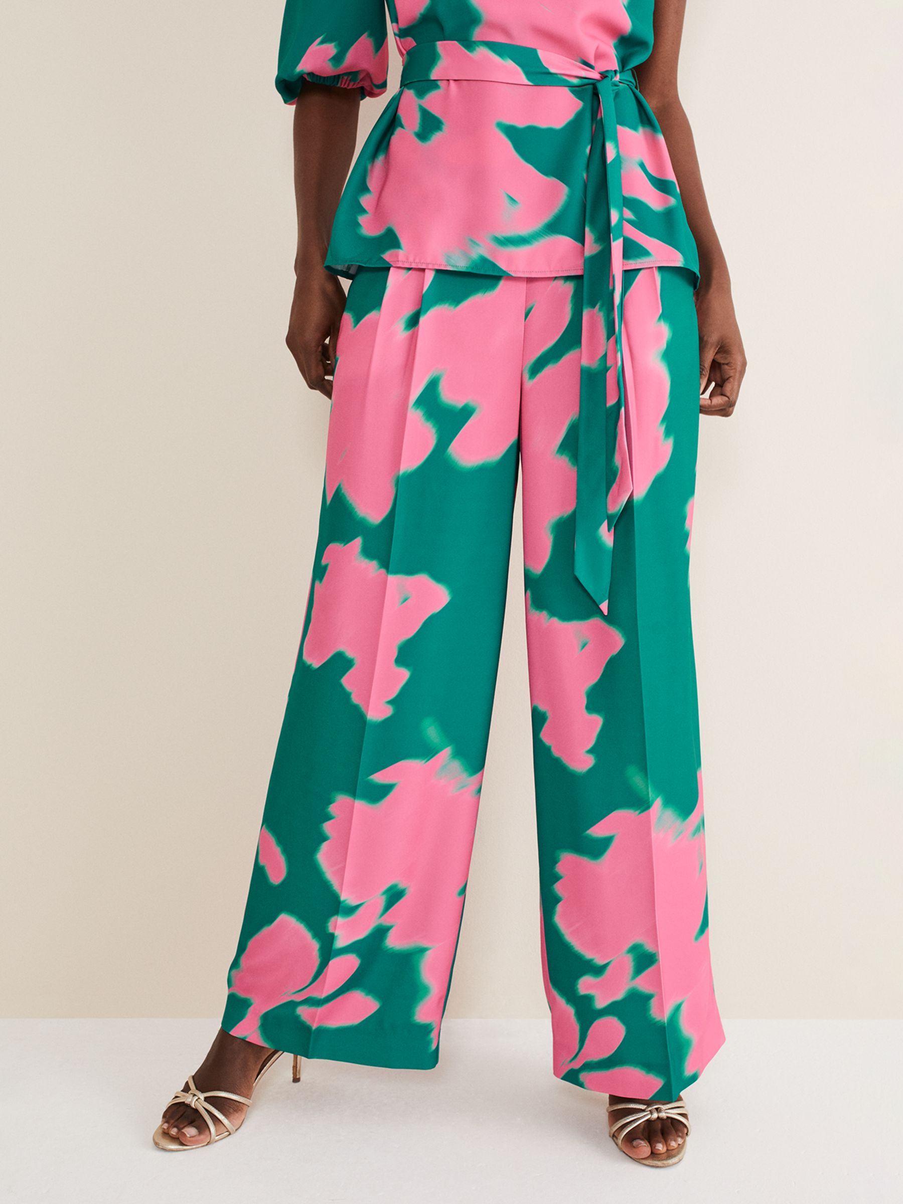 Phase Eight Madison Wide Leg Co-Ord Trousers, Green/Pink, 8