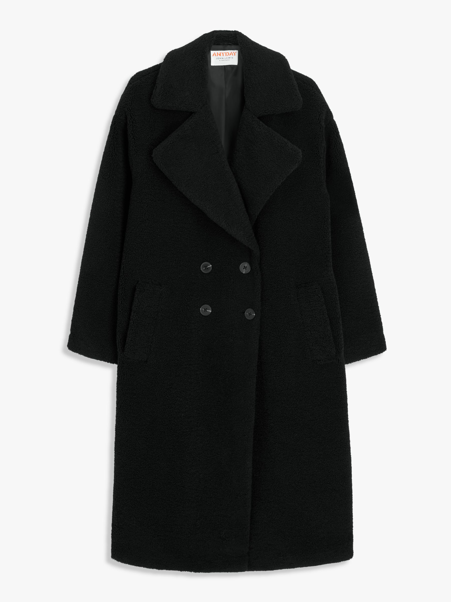 John Lewis ANYDAY Plain Longline Double Breasted Teddy Coat, Black at ...
