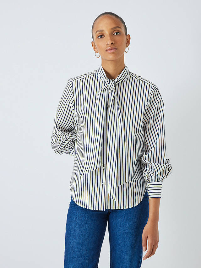 John Lewis Bow Neck Stripe Cotton Shirt, White/Multi