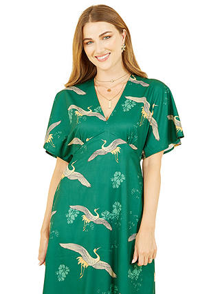 Yumi Bird Print Kimono Midi Dress, Green