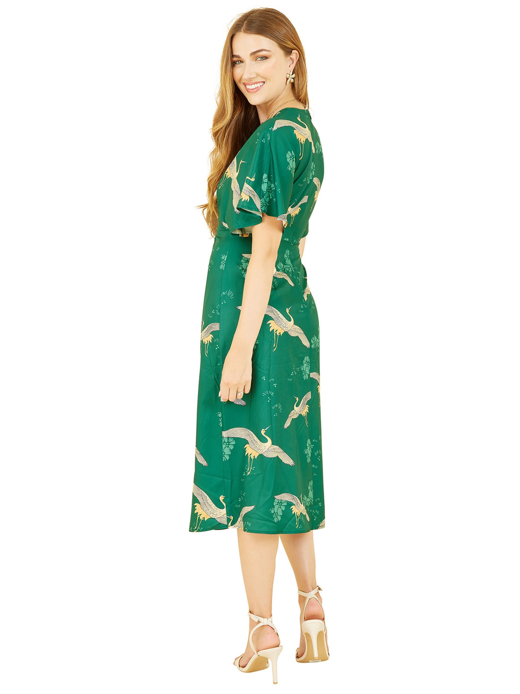 Yumi Bird Print Kimono Midi Dress, Green at John Lewis & Partners