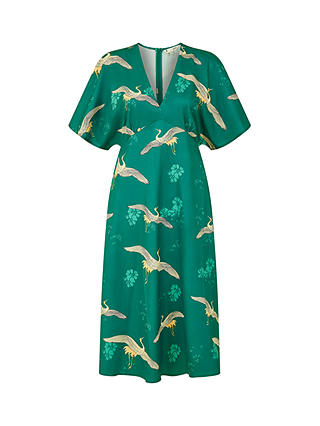 Yumi Bird Print Kimono Midi Dress, Green
