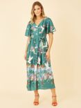 Yumi Satin Crane Print Midi Shirt Dress, Green, Green