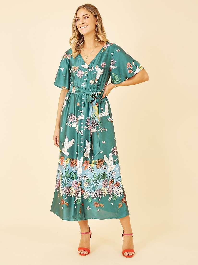 Buy Yumi Satin Crane Print Midi Shirt Dress, Green Online at johnlewis.com