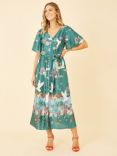 Yumi Satin Crane Print Midi Shirt Dress, Green, Green