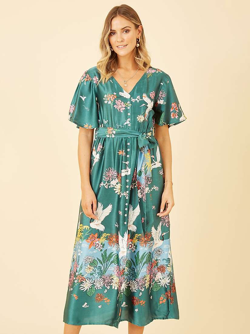 Buy Yumi Satin Crane Print Midi Shirt Dress, Green Online at johnlewis.com