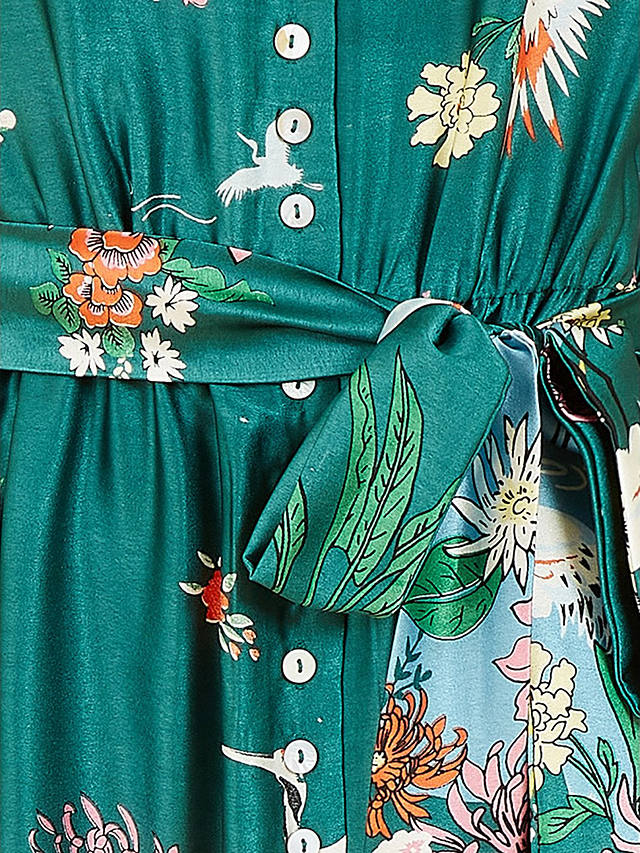 Yumi Satin Crane Print Midi Shirt Dress, Green