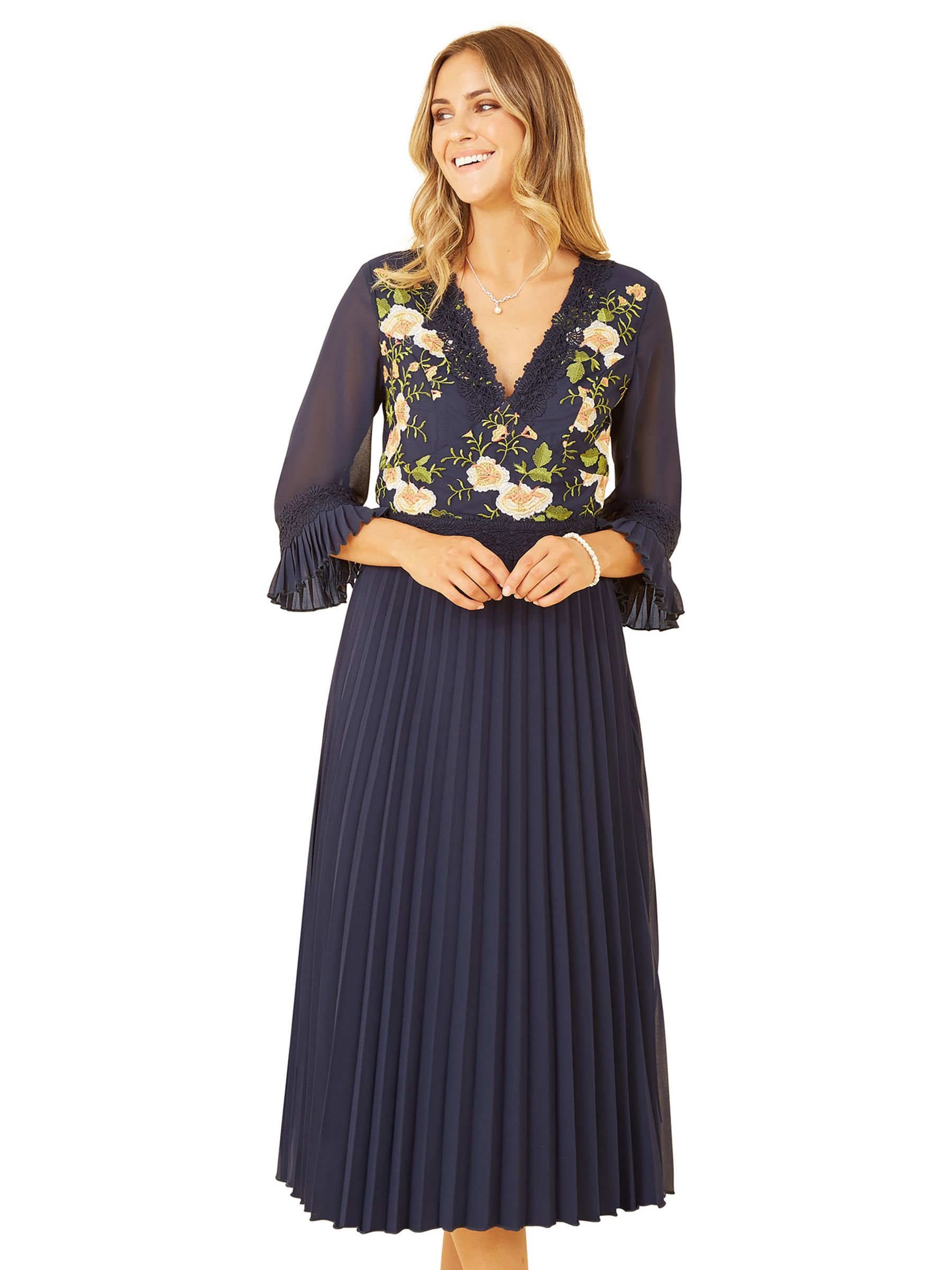 Pleated embroidered hot sale midi dress