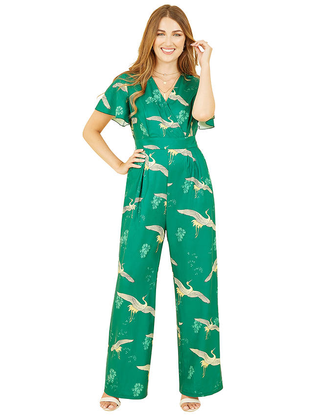 Yumi Crane Print Wrap Neck Jumpsuit, Green