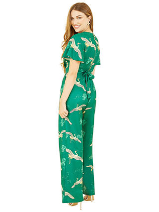 Yumi Crane Print Wrap Neck Jumpsuit, Green