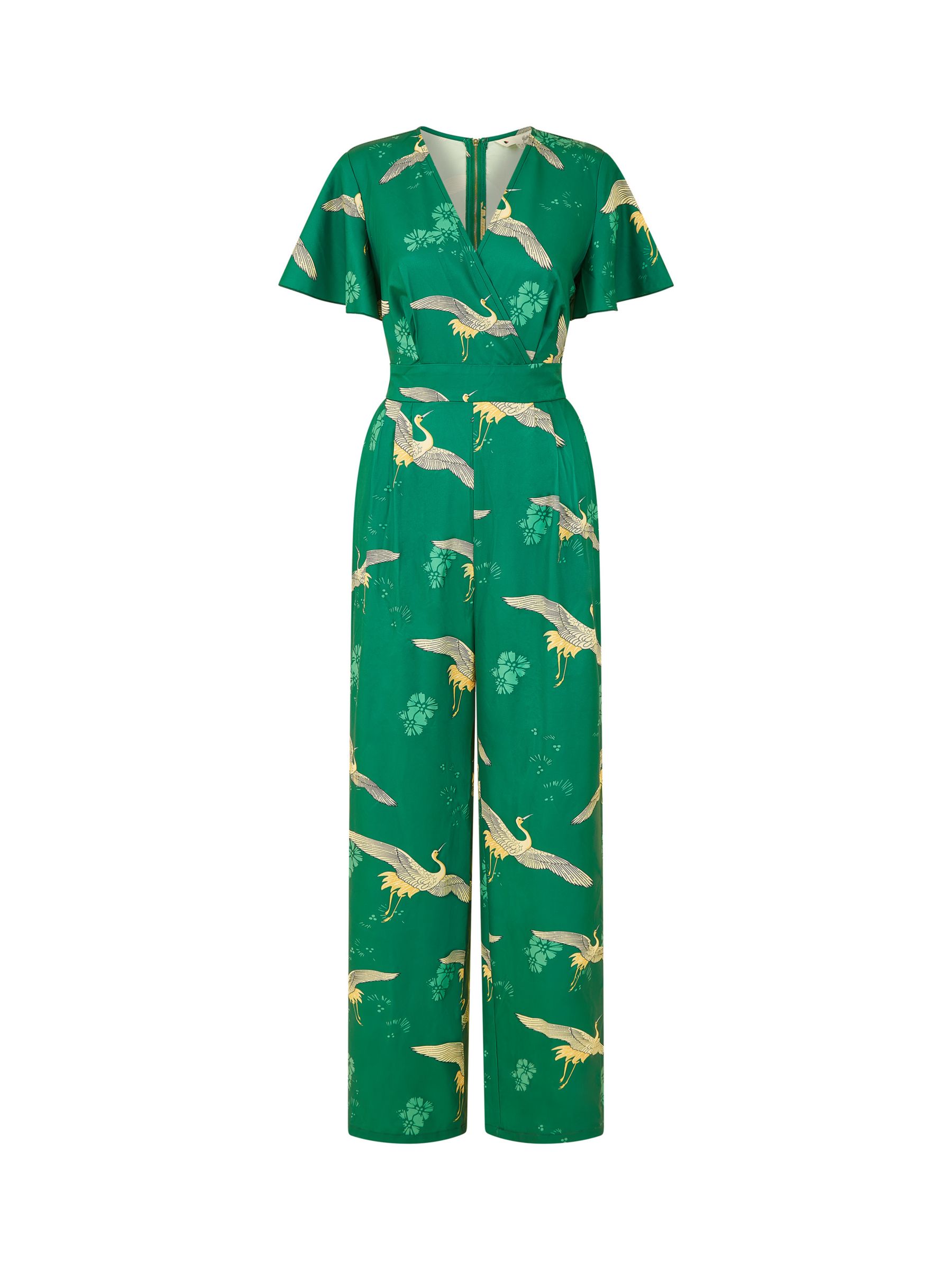 Yumi Crane Print Wrap Neck Jumpsuit, Green, 8