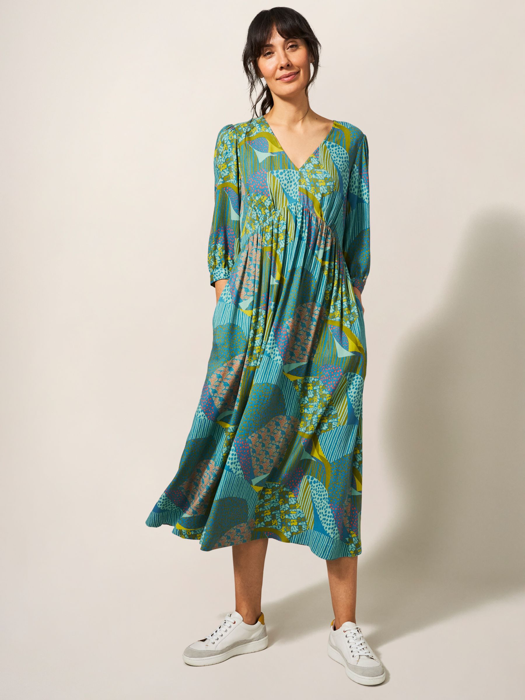 White Stuff Lucy Abstract Print Midi Dress, Teal/Multi