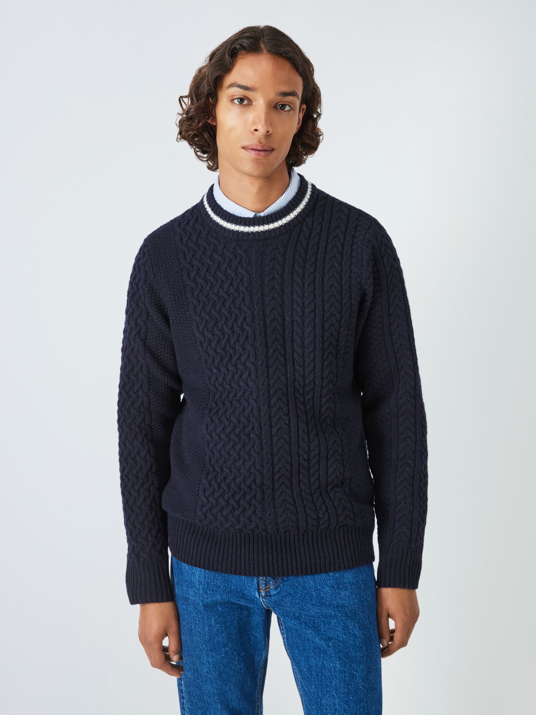 John Lewis Lambswool Cable Knit Jumper, Navy at John Lewis & Partners