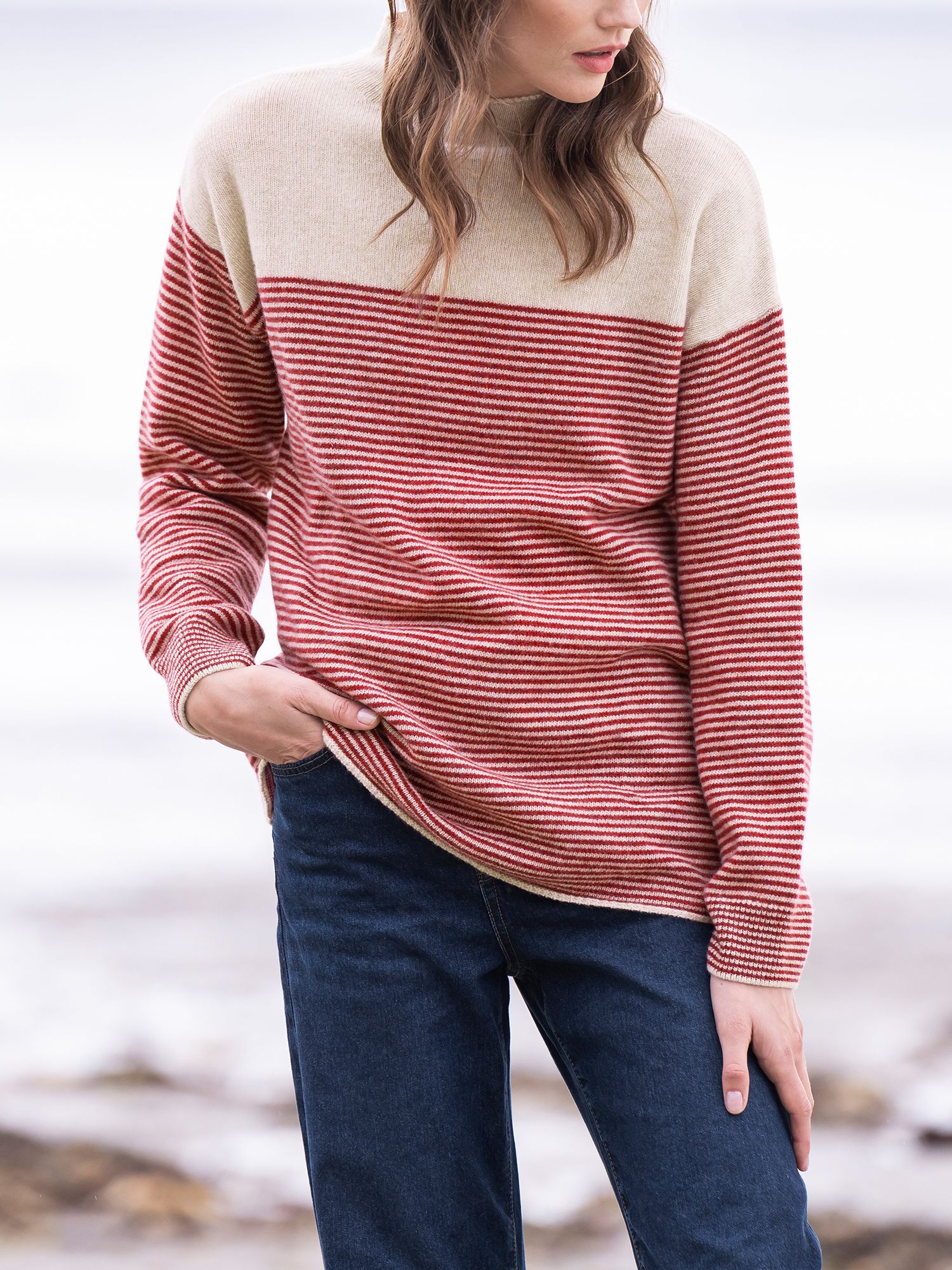Buy Celtic & Co. Felted Finish Funnel Neck Striped Wool Jumper, Oatmeal/Anemone Online at johnlewis.com