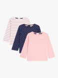John Lewis Baby Heart, Stripe & Polka Dot Long Sleeve T-Shirt, Pack of 3, Pink/Multi