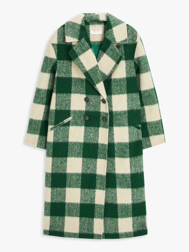 John Lewis ANYDAY Double Breasted Check Coat, Green, XS