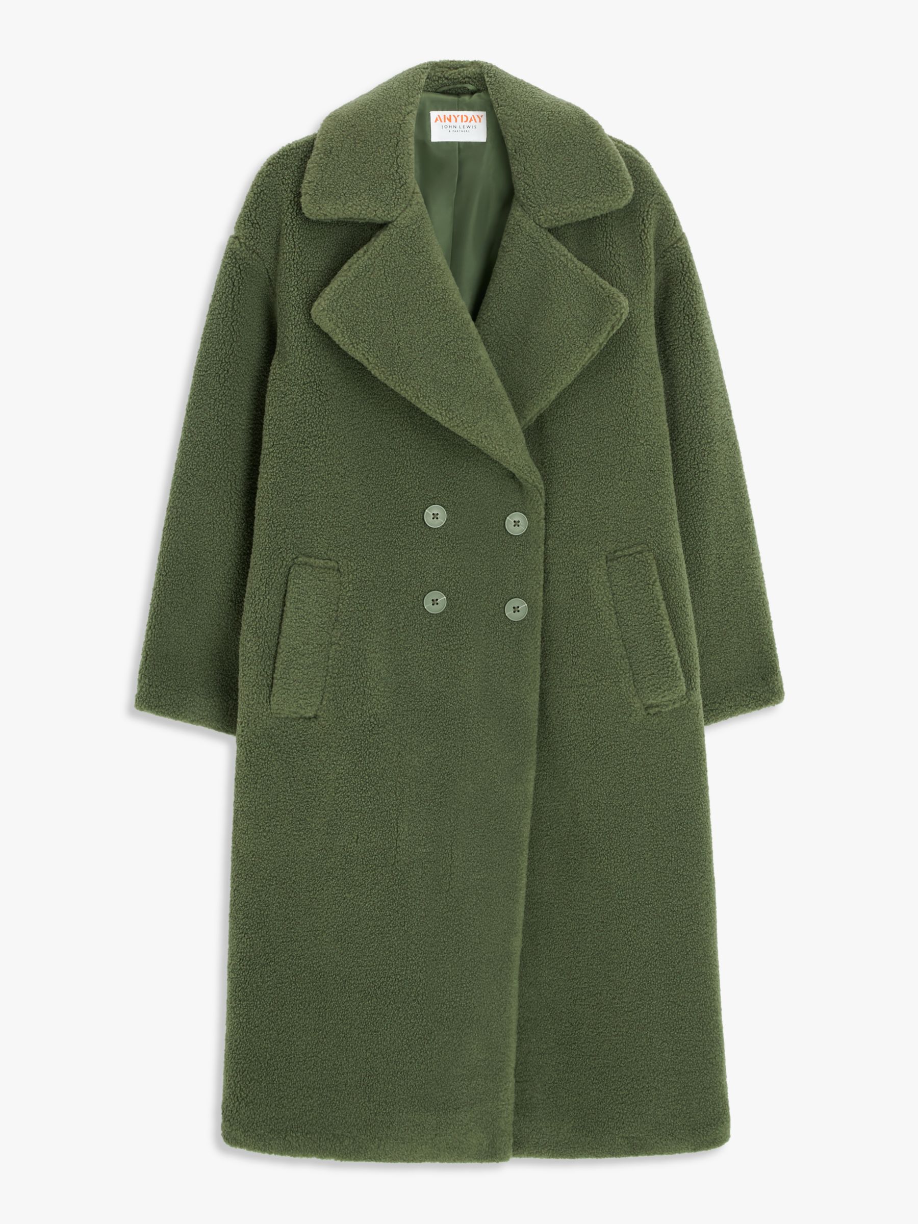 John Lewis ANYDAY Plain Longline Double Breasted Teddy Coat, Khaki at ...