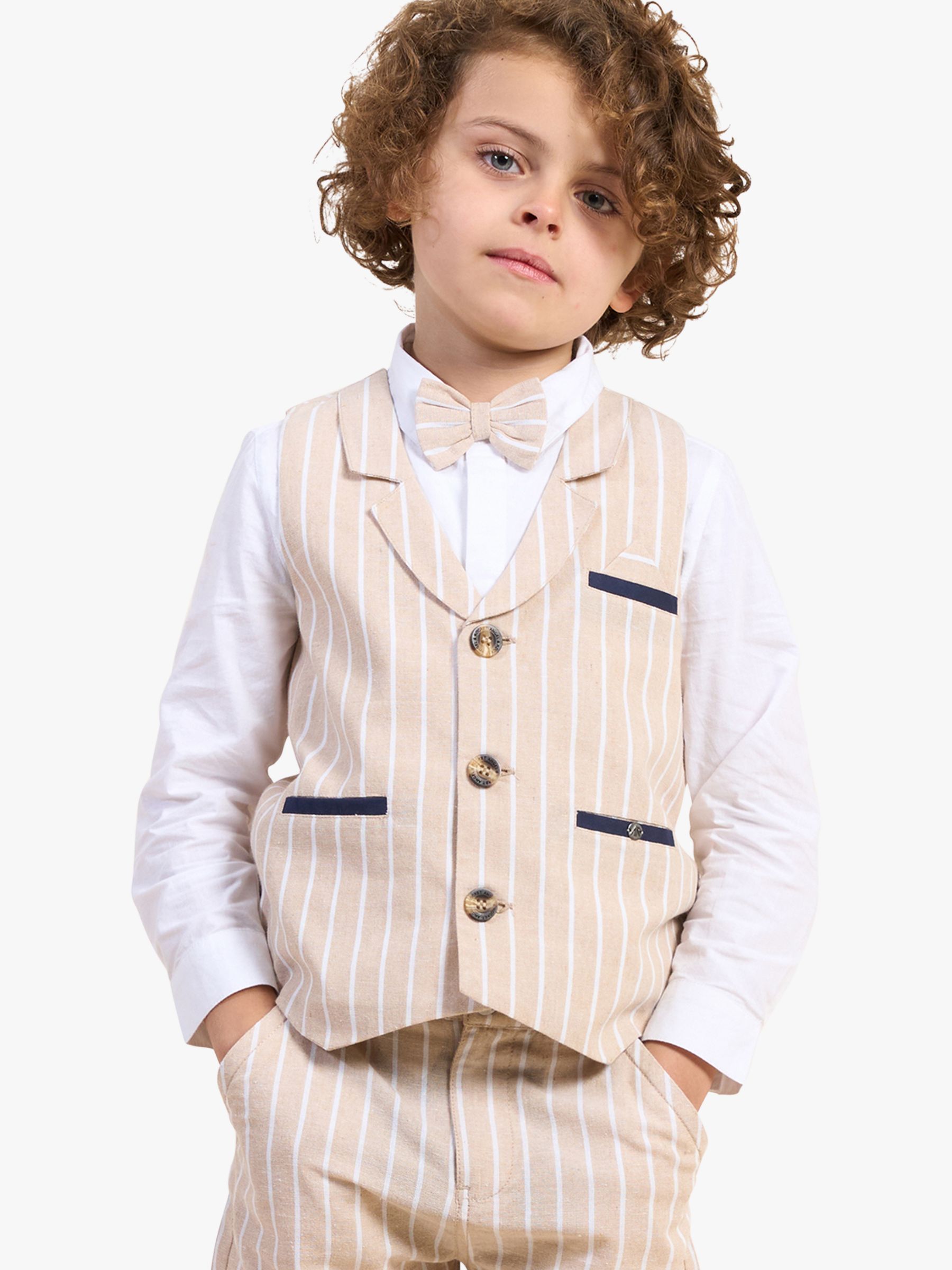 Angel & Rocket Kids' Clayton Stripe Waistcoat, Shirt and Bow Tie Set, Stone, 2 years