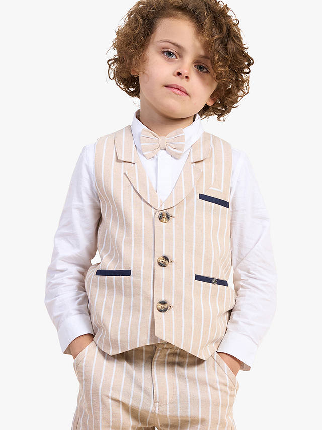 Angel & Rocket Kids' Clayton Stripe Waistcoat, Shirt and Bow Tie Set, Stone