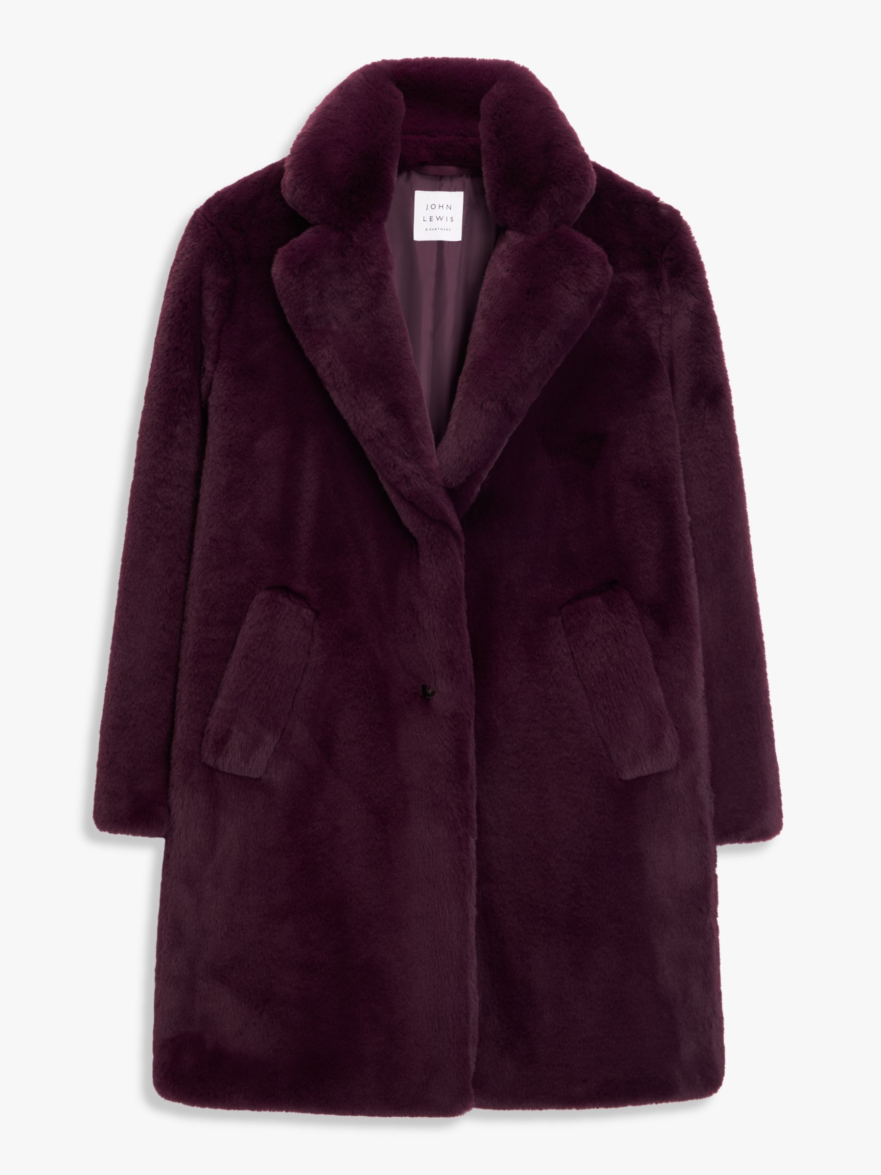 John Lewis Faux Fur Coat, Burgundy at John Lewis & Partners