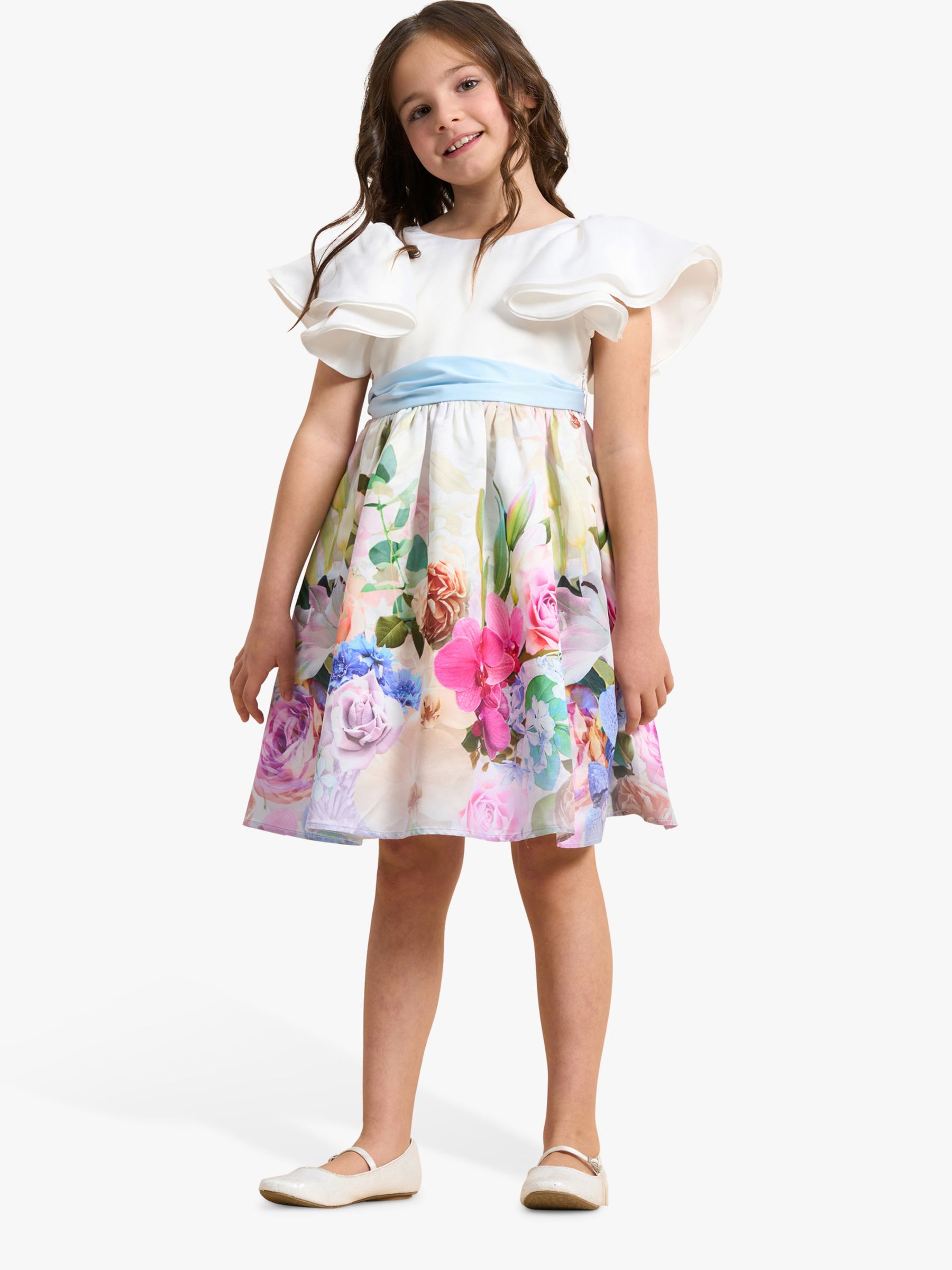 Angel & Rocket Kids' Sylvie Border Print Ruffle Shoulder Dress, White/Multi, 2 years