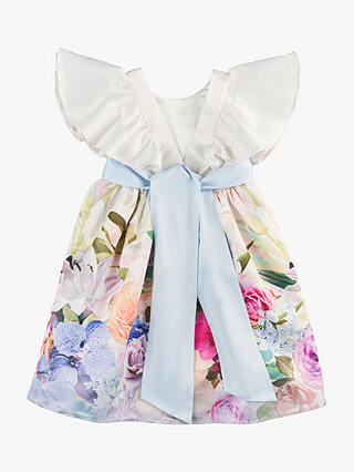 Angel & Rocket Kids' Sylvie Border Print Ruffle Shoulder Dress, White/Multi