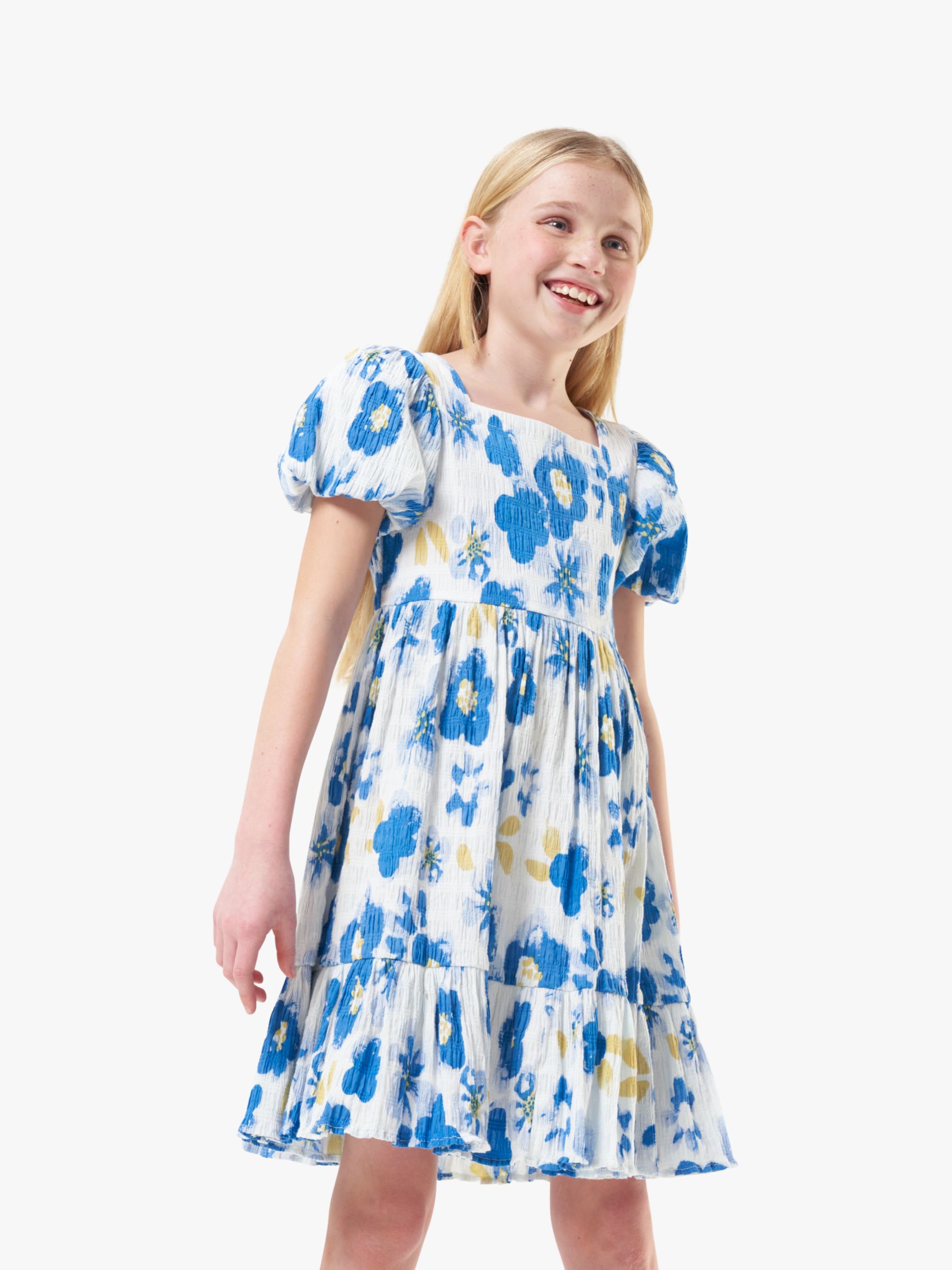 Angel & Rocket Kids' Simone Painterly Floral Seersucker Dress, Blue at ...