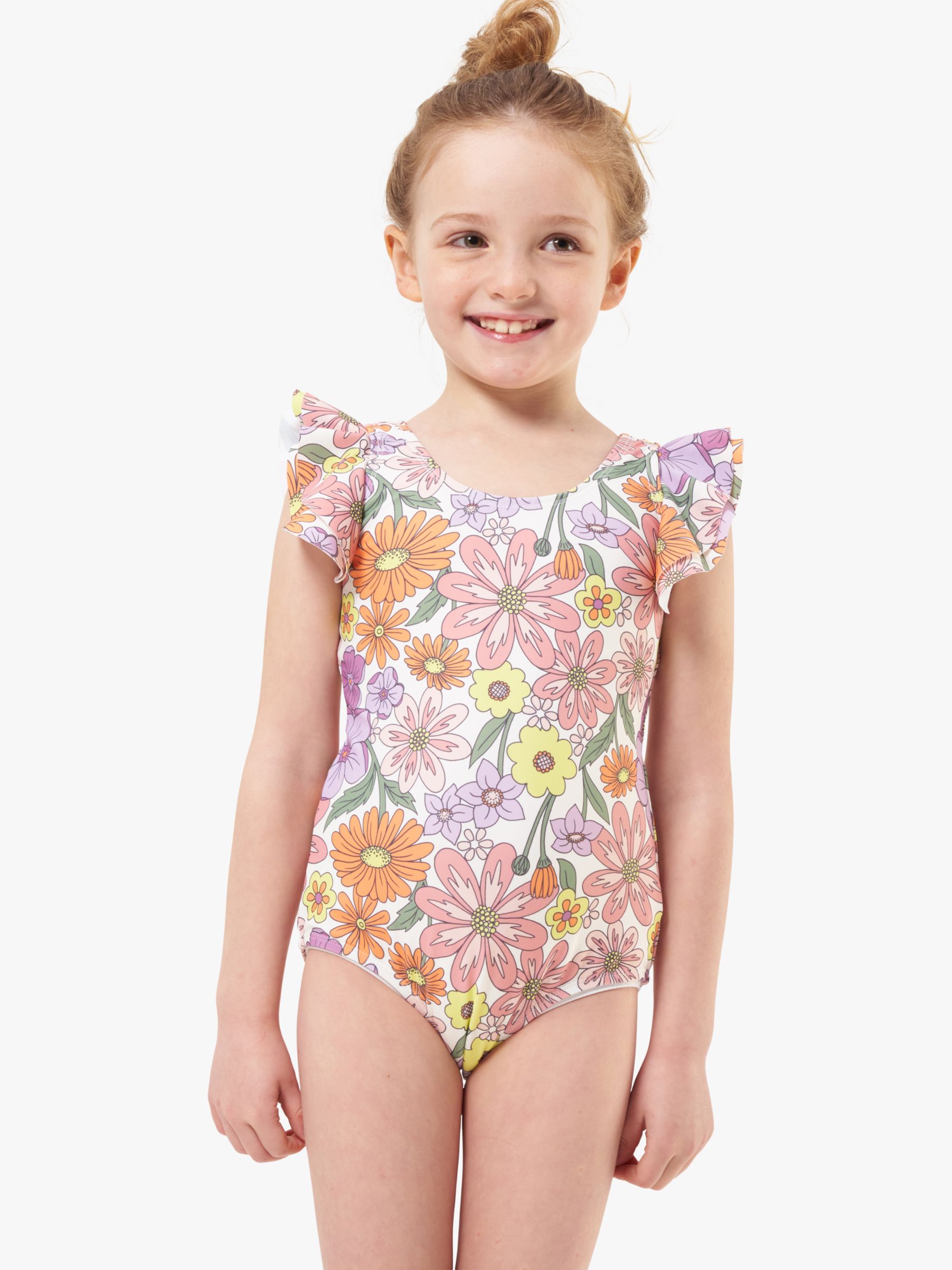 Angel & Rocket Kids' Floral Print Frill Shoulder Swimsuit, Multi, 5 years