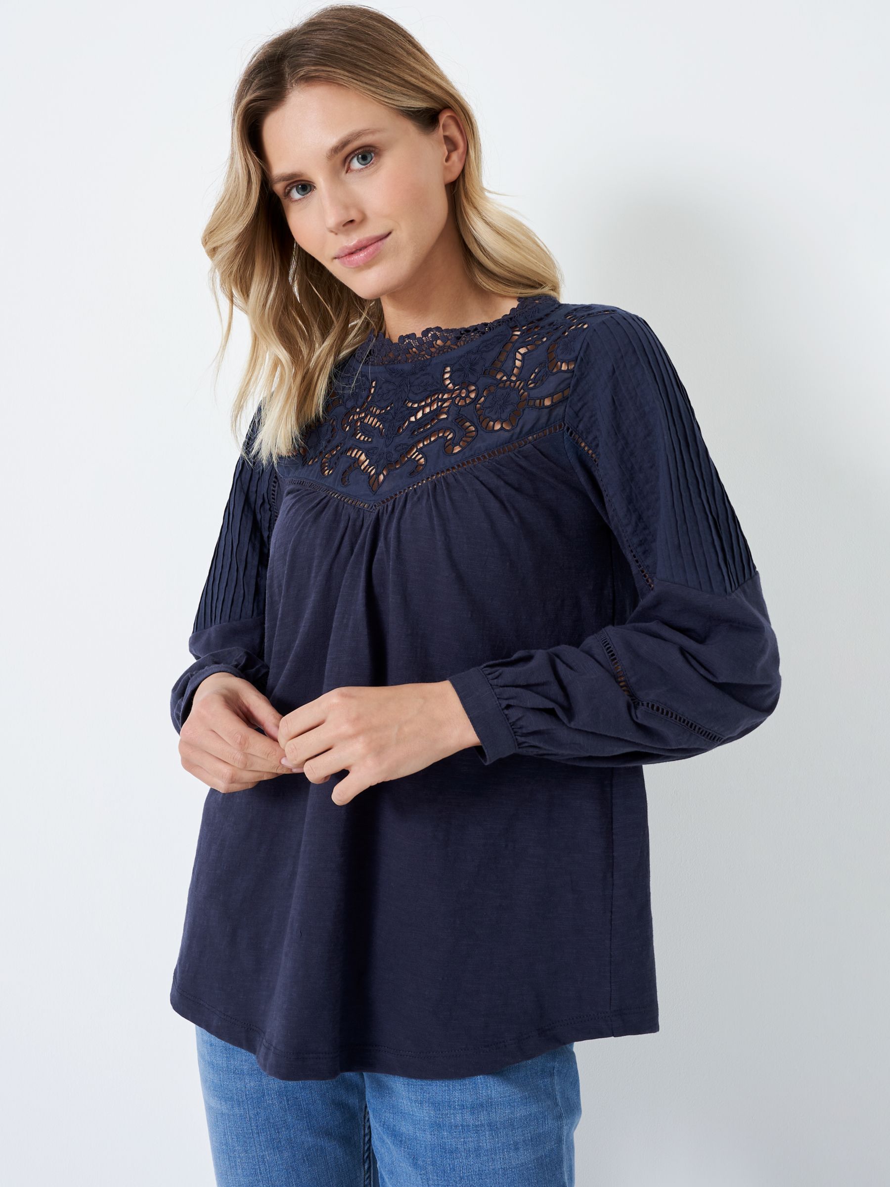 Crew Clothing Gabour Lace Top, Navy at John Lewis & Partners