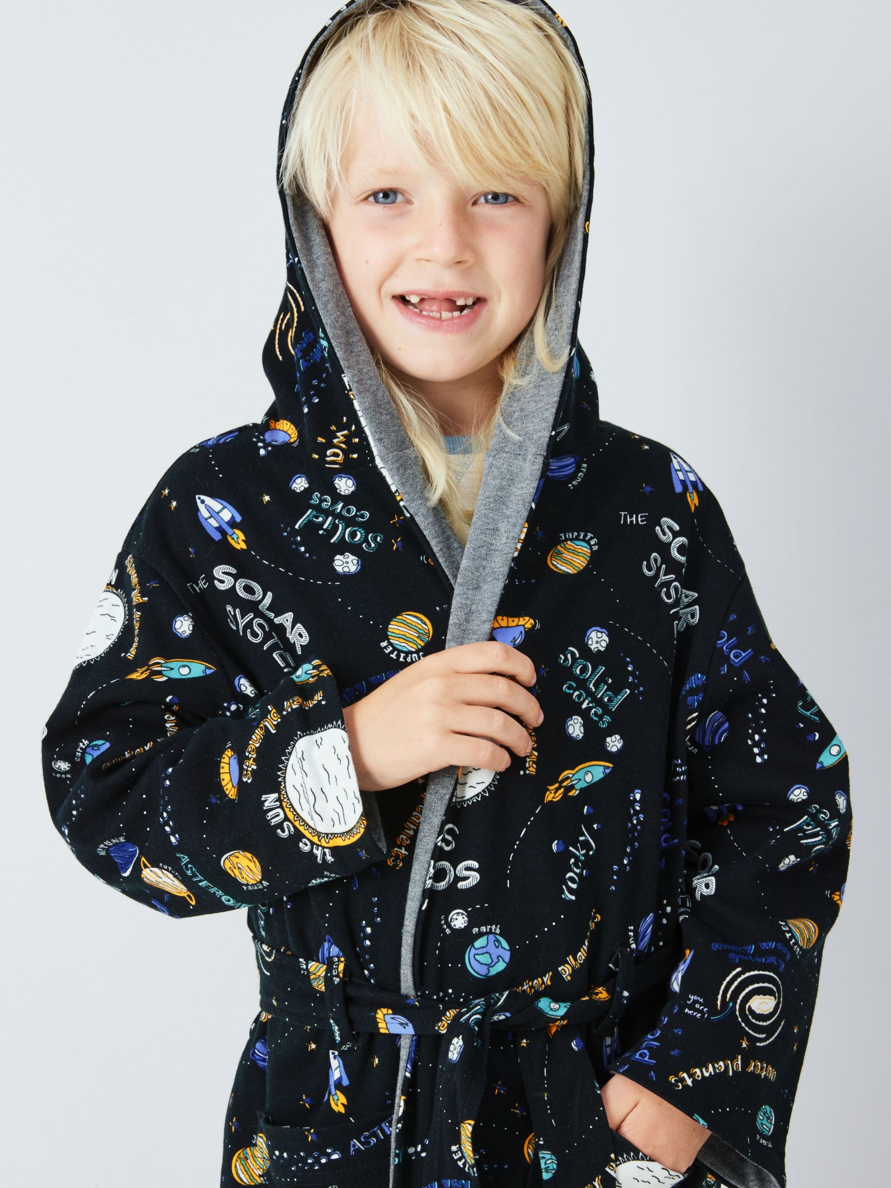 Kids' Reversible Outer Space Jersey Robe, Grey/Black