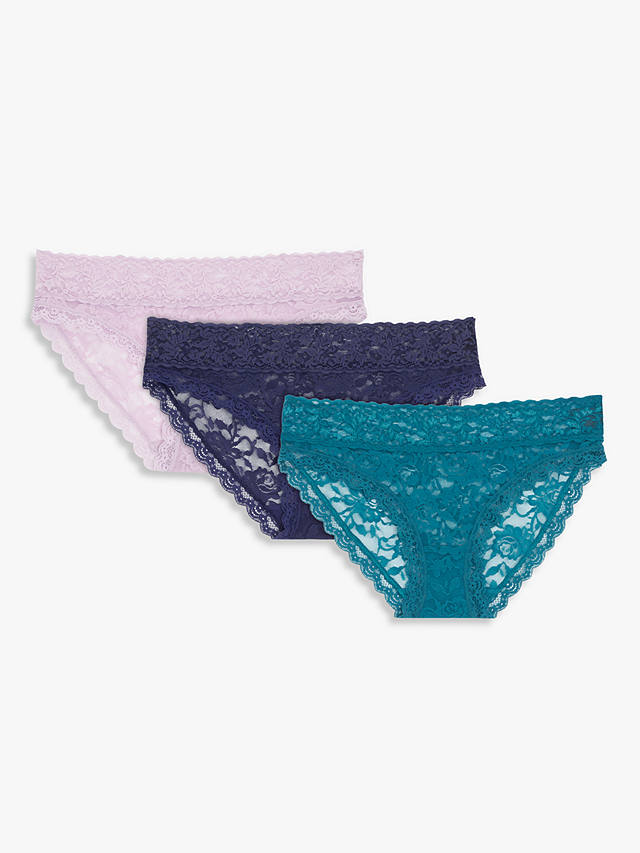 John Lewis ANYDAY Helenca Lace Bikini Knickers, Pack of 3, Teal/Lilac/Navy