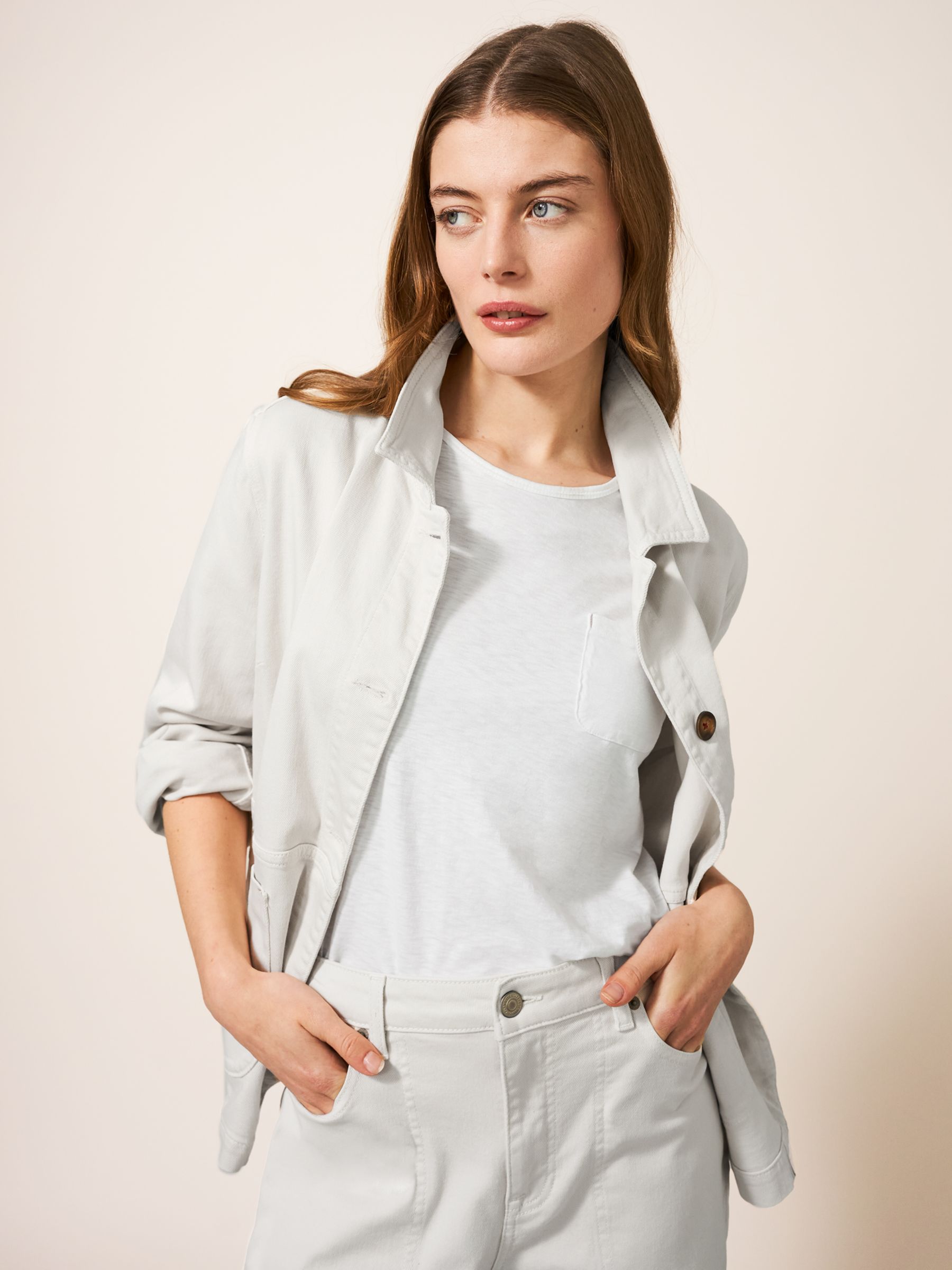 White Stuff Carrie Short Denim Jacket, Light Neutral at John Lewis ...