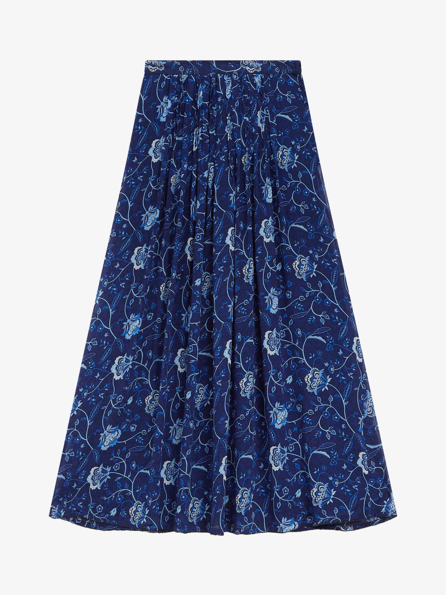 Brora Silk Tree Of Life Print Pleated Skirt, Cobalt at John Lewis ...
