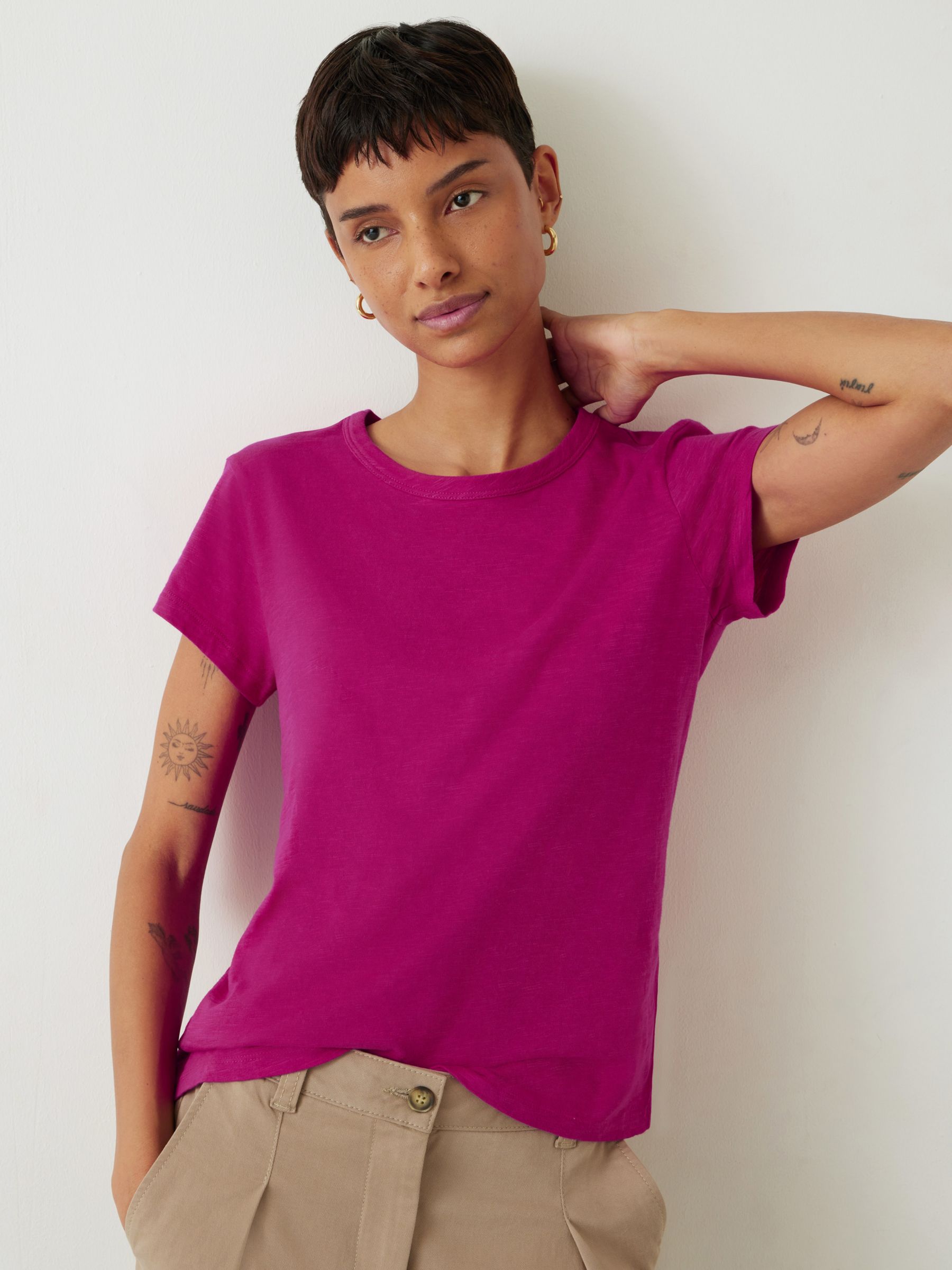 HUSH Slim Fit Cotton Crew Neck T-Shirt, Deep Pink at John Lewis & Partners
