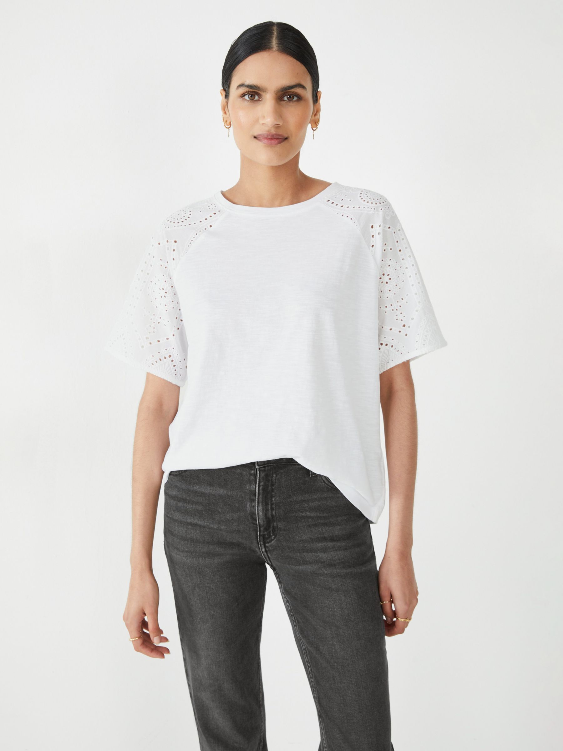 HUSH Ella Broderie Sleeve T-Shirt, White at John Lewis & Partners