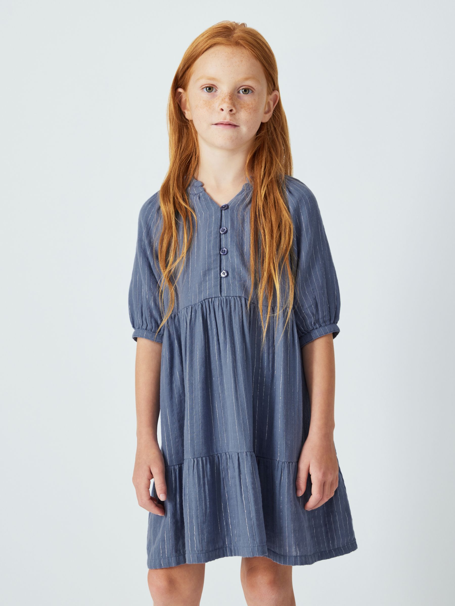 John Lewis Kids' Metallic Stripe Tiered Dress, Vintage Indigo