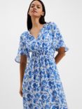 French Connection Flutter Sleeve Cosette Smock Waist Midi Dress, Baja Blue