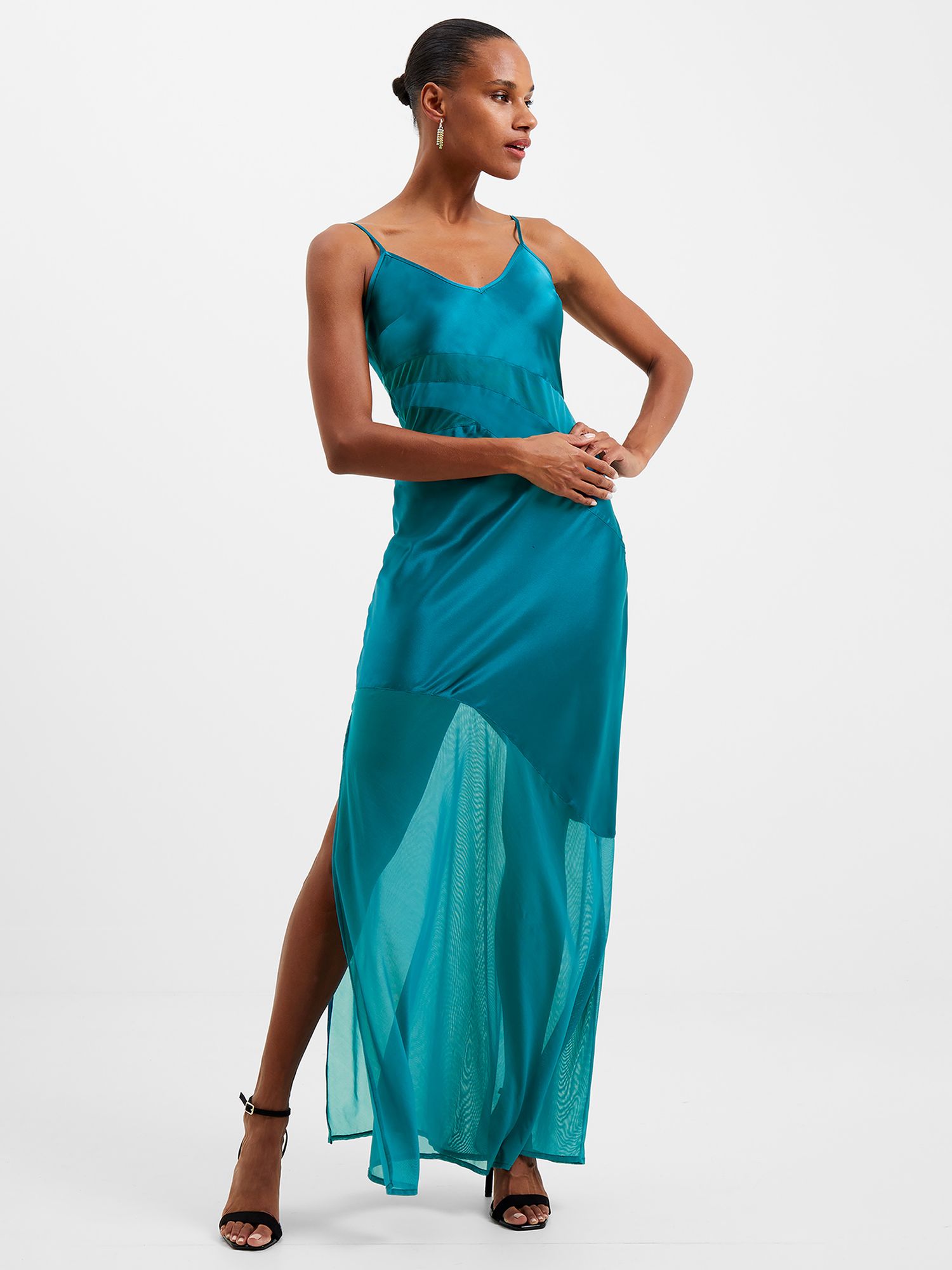 French Connection Inu Satin Strappy Split Maxi Dress, Ocean Blue